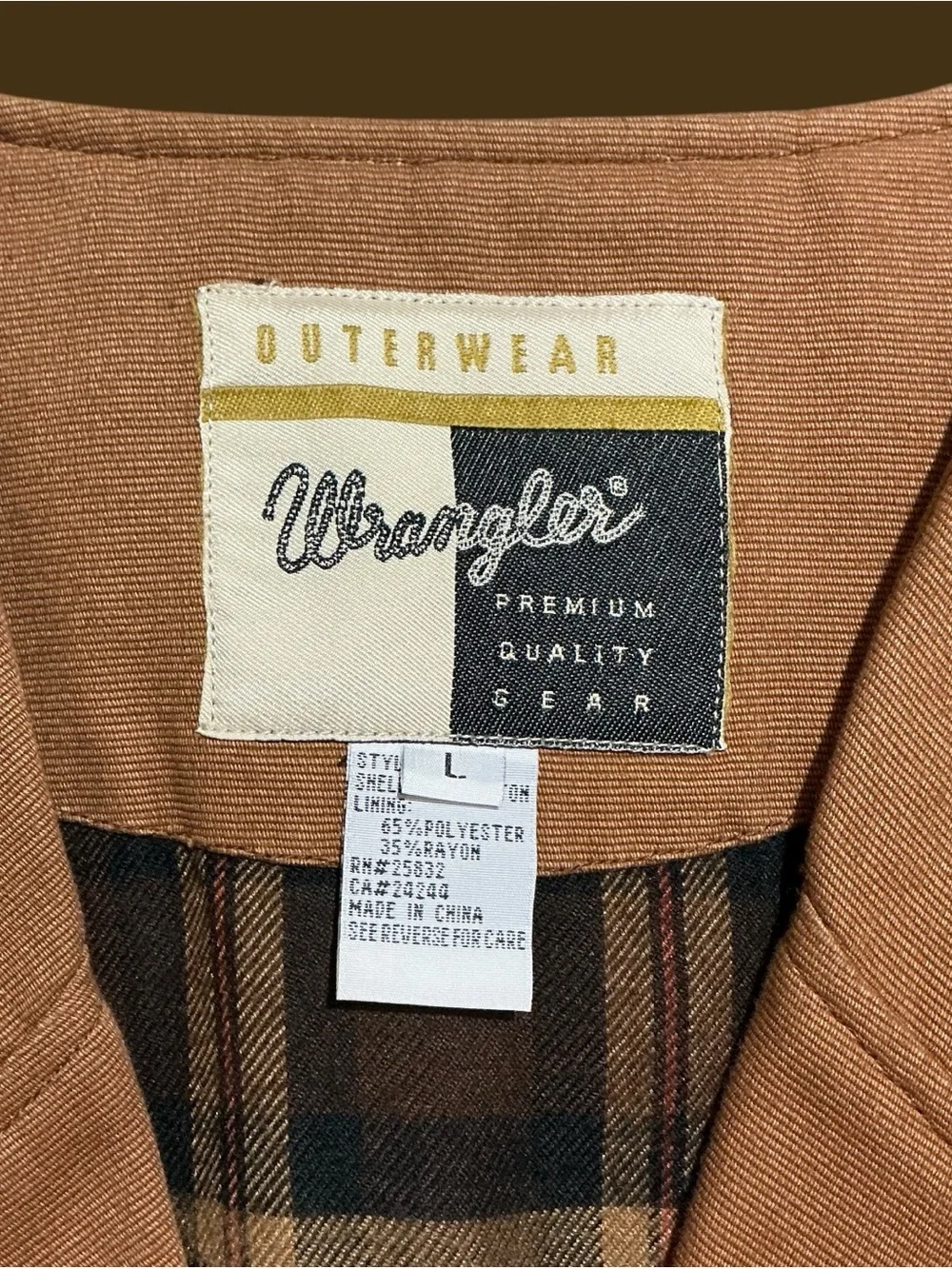 Vintage Wrangler Premium Quality Tan Plaid Lined Western Vest Large